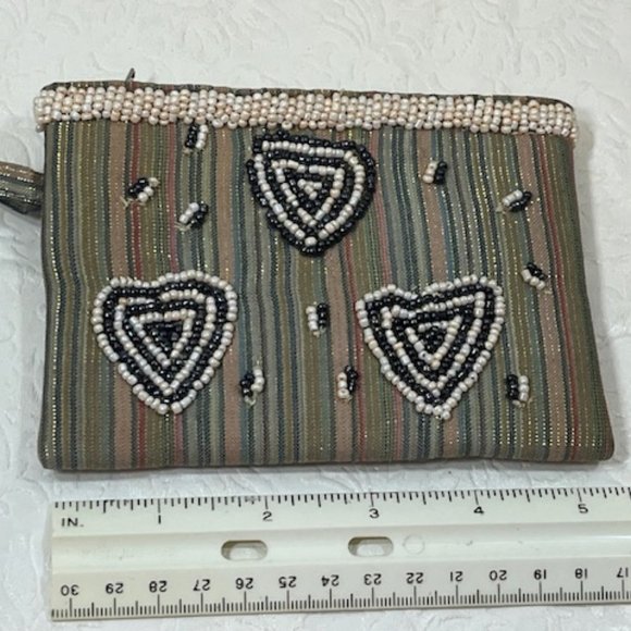 Handmade Beaded Hearts Striped Metallic Fabric Purse Pouch Bag 5.5"x3.75" - Picture 3 of 7